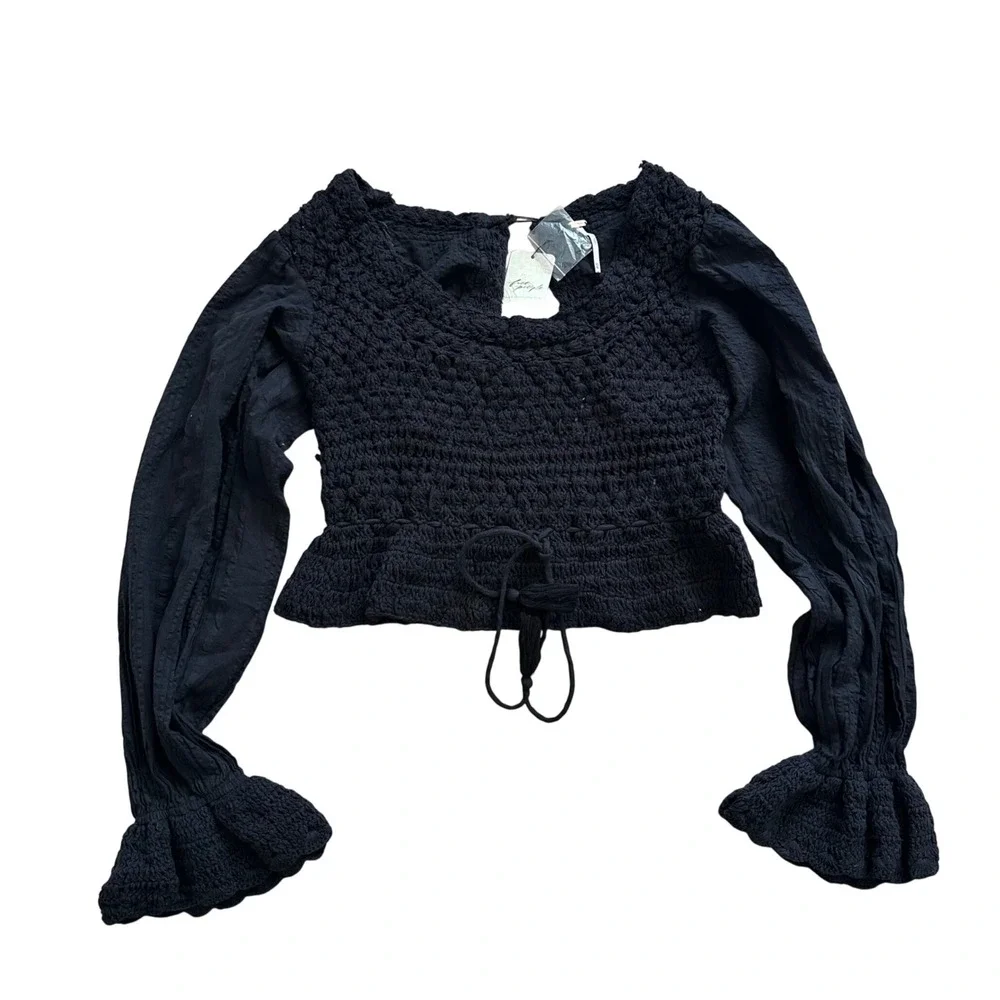 Free People Black Crochet Peplum Crop Top Long Sleeve OB1486571 XS NEW